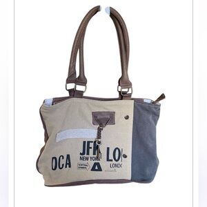 Myra Bag Tan Gray Airport Logo Canvas Leather Med Satchel Shoulder Bag Purse